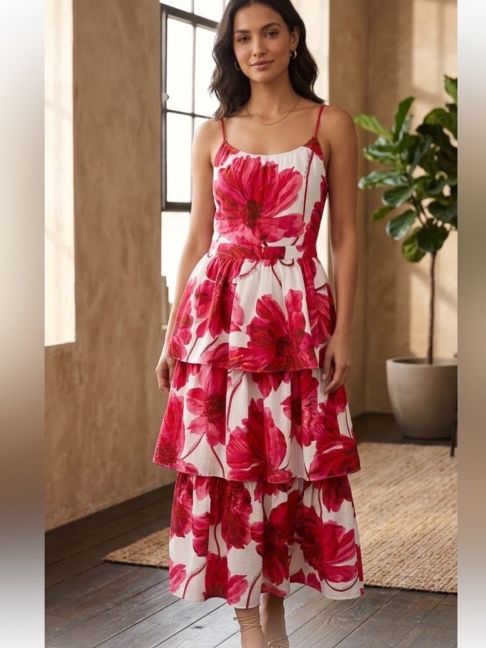 Karl Lagerfeld Paris Red and White Floral Tiered Midi Dress Size 10